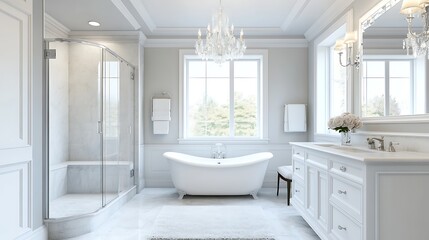 Elegant bathroom interior, bathed in natural light from window, with bathtub and shower