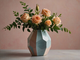 A stylish still-life composition featuring a geometric hexagonal vase with delicate flowers, set against a soft pastel background. Perfect for modern home decor, minimalistic design, interior inspirat