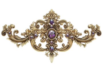 Ornate Gold Frame with Purple Gemstones Baroque Style Luxury Design isolated on transparent background