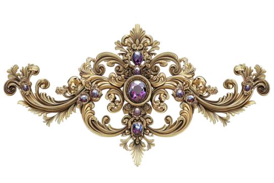 Ornate Gold Frame with Purple Gemstones Baroque Style Luxury Design isolated on transparent background