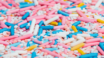 Colorful sprinkles in various shapes and sizes create vibrant and playful background