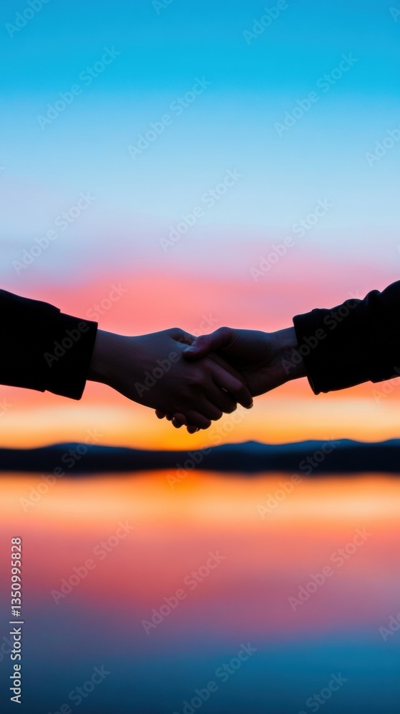 Aufkleber empathetic connection transformative silhouette handshake against gradient sunset - inclusive leader