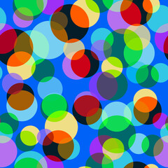 Fashionable polka dot fabric Bold bright festive colors Abstract geometric mosaic layered pattern with multicolor transparent chaotic circles, polka dots