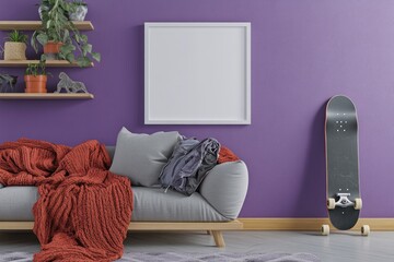 Modern, cozy living room with a blank frame.  A stylish, comfortable, and youthful space