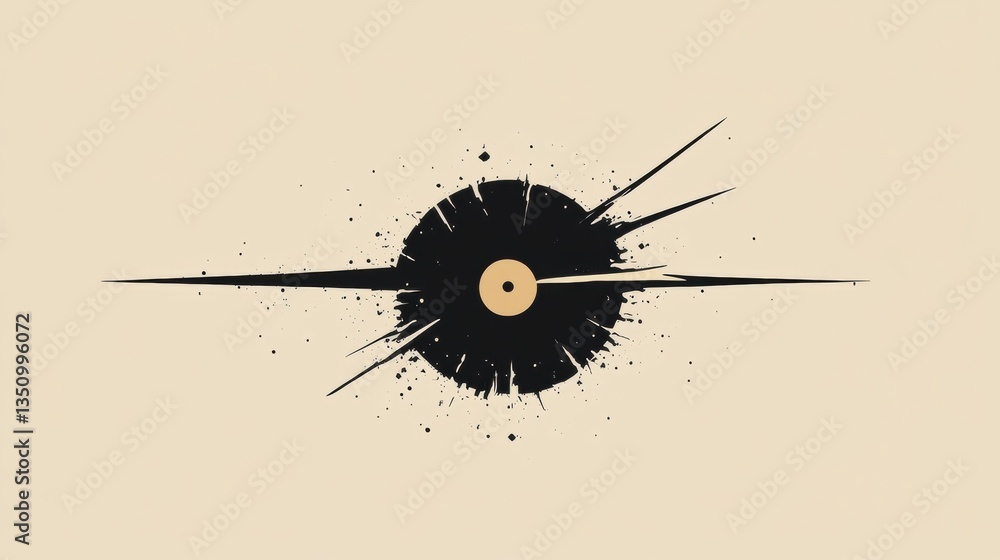 Poster abstract design featuring a vinyl record with splashes and spikes in a graphic style on a light beig