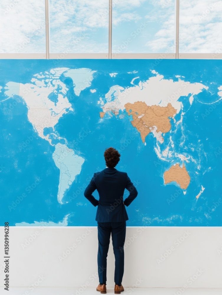 Aufkleber geopolitical strategy unveiled millennial business leader analyzing global markets with minimalist d