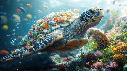 Turtle carrying coral reef with colorful fish high resolution photo