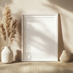 Blank white frame mockup with pampas grass and vases on a neutral background.