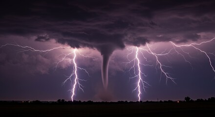 Tornado and Lightning Storm over Rural Landscape with Dark Sky
