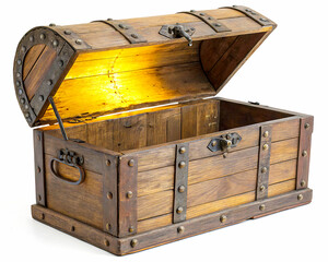 Treasure Chest - Open Ancient Trunk With Glowing Magic yellow golden Lights  Inside, Antique Wooden Treasure  box – Mysterious Vintage Storage Box,  isolated on white background, 