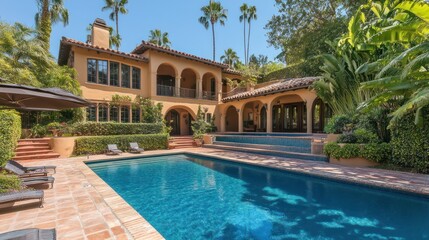 Fototapeta premium Luxury Mediterranean villa poolside, sunny California hills backdrop, real estate listing