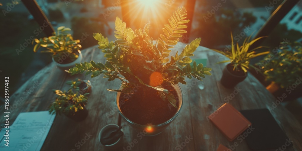Aufkleber golden hour botanical workspace inspirational nature-infused productivity scene with soft lens flare