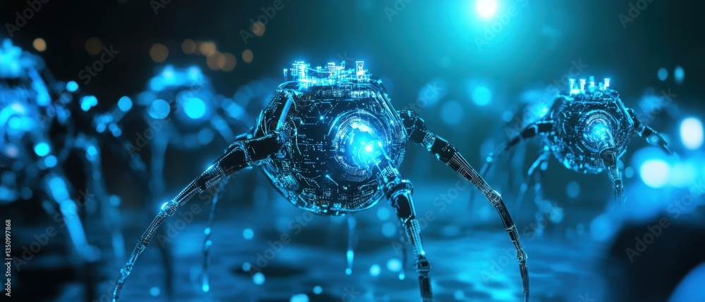 Aufkleber futuristic robotic creatures with glowing bodies in a dark environment, showcasing advanced technolo
