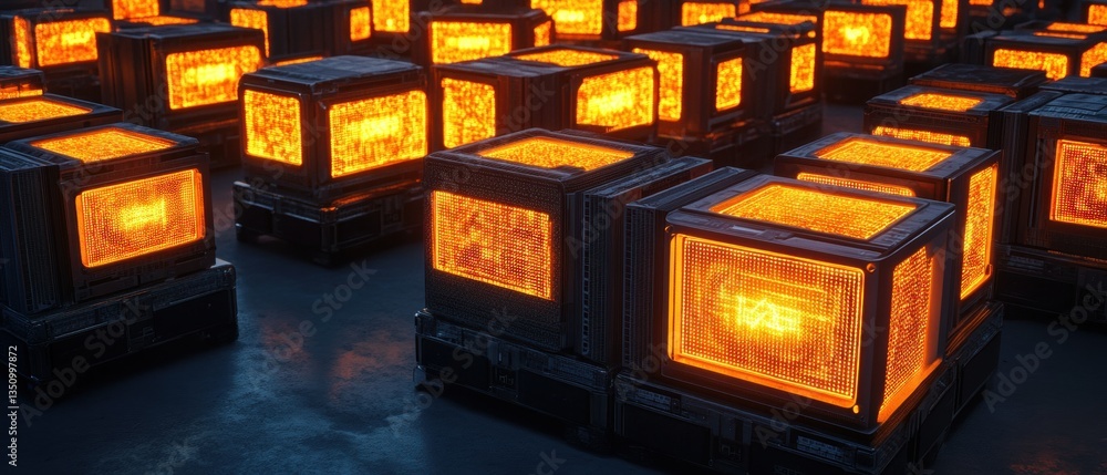 Poster abstract industrial scene featuring glowing orange cubes arranged in a grid pattern, creating a high