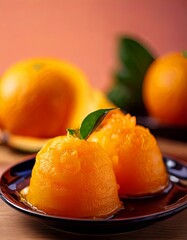 Orange-Shaped Thai Dessert in Cupcake Liner &ndash; Sweet Treat Resembling a Real Orange with Glossy Texture on Dark Background


