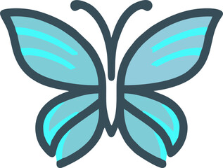  A stylish and modern digital illustration of a butterfly in a soft blue and turquoise color palette, outlined in bold black for a striking contrast. The symmetrical wing design features subtle curved