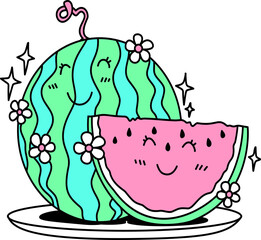 Hand drawn retro  summer watermelon cartoon groovy doodle 