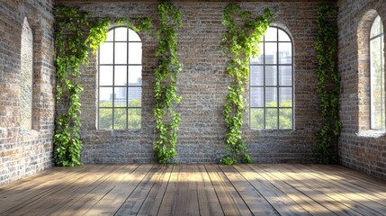 Ivy-covered brick loft, city view, sunlight, hardwood floor, empty space, interior design