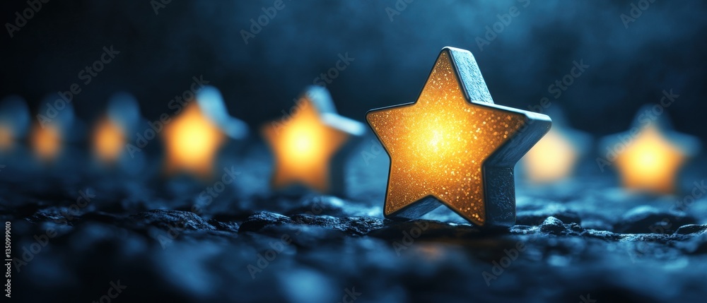 Poster glowing star decoration on dark surface with blurred background creating a magical and dreamy atmosp