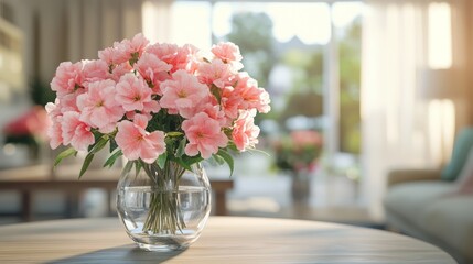 Pink azaleas beautifully arranged in a clear glass vase indoors
