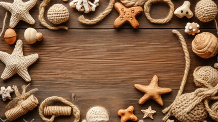 Coastal crafts frame on wood; rope, stars, shells; blank space; DIY project