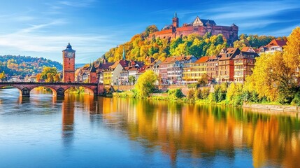 Heidelberg Castle autumn river reflection postcard