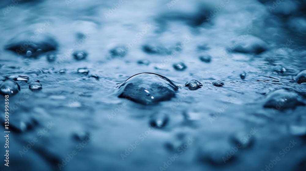 Poster close-up view of raindrops on smooth surface of water creating ripples and bubbles in deep blue tone