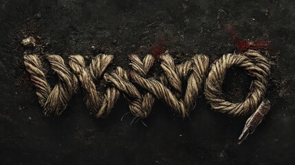 Rope word art, dark ground, distressed texture, background dirt, album cover