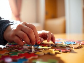 Fototapeta premium Child Completing Colorful Jigsaw Puzzle Indoors