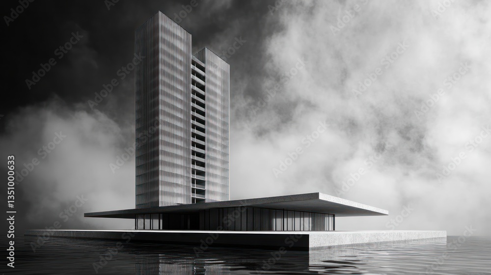 Poster modern skyscraper on a floating platform, dramatic sky. architectural design, digital rendering