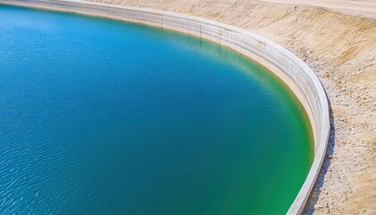 A visually striking reservoir with clear blue water and curved concrete edges, showcasing modern engineering and serene natural beauty.