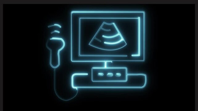 Pregnancy ultrasound machine icon with a glowing neon effect on black background.
