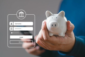 Person holding piggy bank with digital login form overlay, representing online banking, savings,...