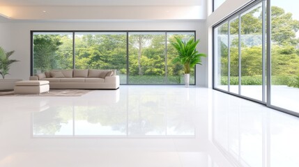 Modern open-plan living area with large windows showcasing a lush garden (1)