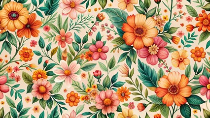 Floral Fiesta: A vibrant floral pattern showcasing a colorful tapestry of blooms and foliage. This image brings the spirit of Spring!