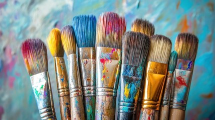 Fototapeta premium Colorful Paintbrushes Arrangement on Artistic Background with Bright Blots and Strokes