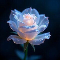 Hyperrealistic transparent blue rose with glowing petals and dewdrops against a dark dreamy background, radiating an ethereal and mystical ambiance
