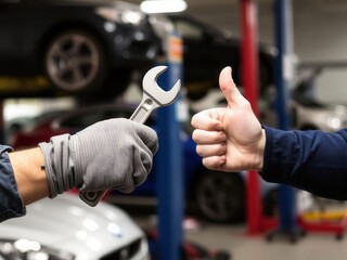 Adult men giving thumbs up and holding wrench in auto repair shop