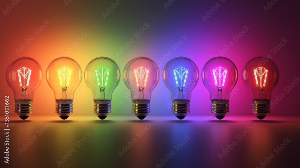 Aufkleber colorful light bulbs in a row with vibrant neon glow against a dark background creating a stunning v