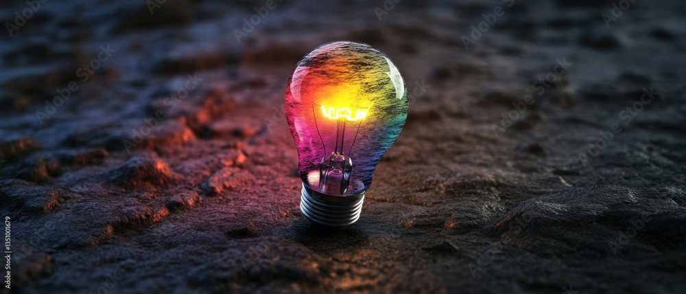 Poster glowing light bulb on a textured surface with colorful reflections and shadows in a dark environment