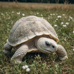 A playful white tortoise rolling in a field of soft cotton-like grass.