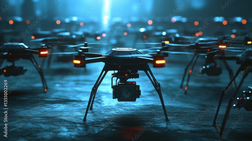 Poster futuristic scene of multiple drones with led lights in low light environment for technology and inno