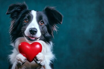 Fototapeta premium Cute border collie doggy with diamond red heart - sign of love, funny greeting card. Border collie - my treasured dog. Commercial conceptual art. Pet love and friendship. Animal friendship.