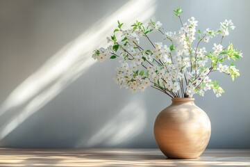 White blossoms and green leaves adorn a simple clay vase