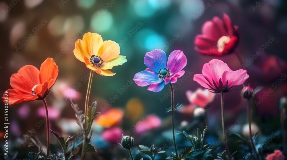 Poster vibrant and colorful spring flowers in a garden setting with soft focus and dreamy background effect