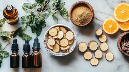 Mint branches and leaves, brown essential oil bottles, sliced ​​herbs, oranges, powders and spices are displayed on the marble countertop, presenting a visual scene of natural herbal therapy.