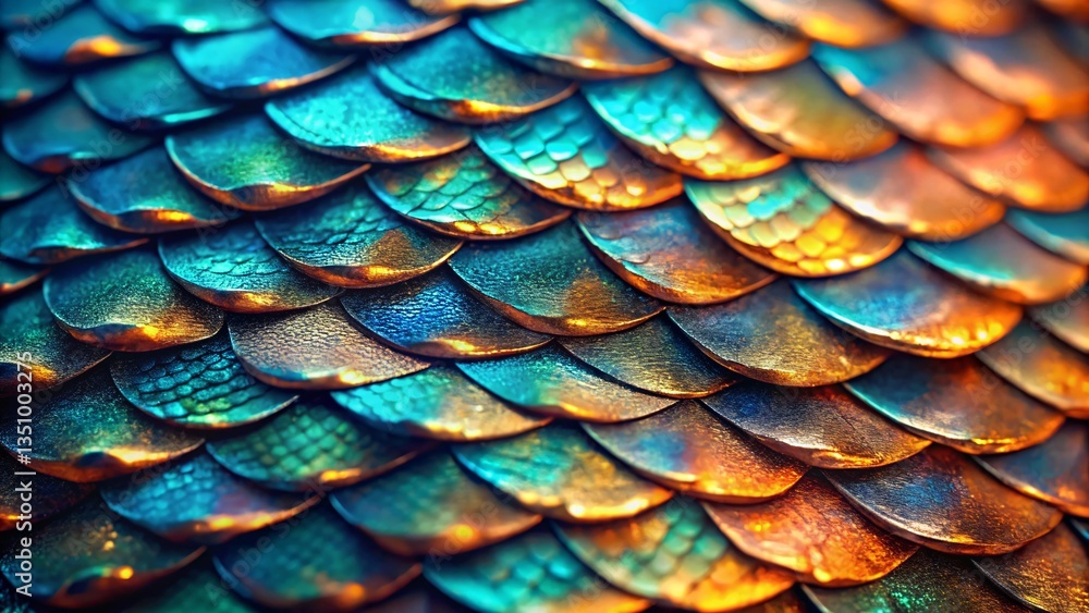Poster iridescent scales: an abstract close-up of a mosaic-like display of overlapping, shimmering scales, 
