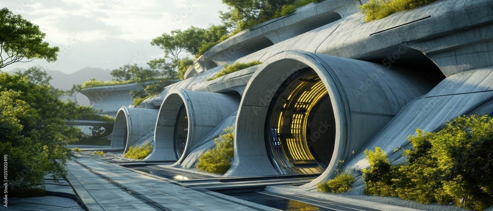 Poster Futuristic Architectural Design with Curved Structures Surrounded by Lush Greenery and Natural Elements in a Technologically Advanced Landscape
