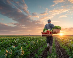 Farmer Harvesting Sunset Vegetables Field. (1)