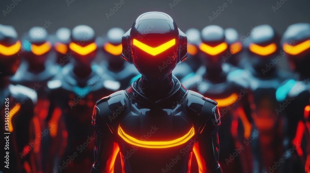 Poster futuristic humanoid robots with glowing neon details standing in a dark setting, showcasing advanced